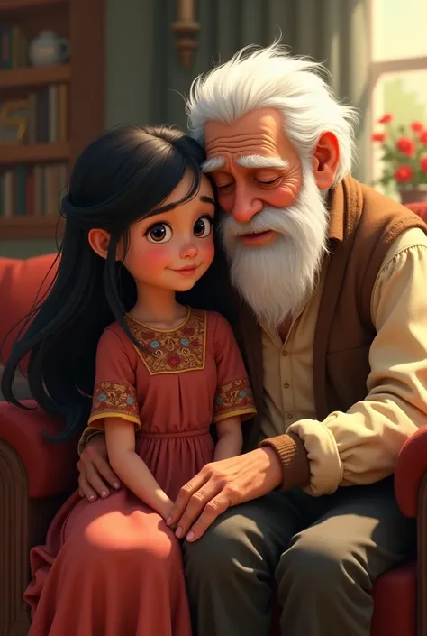 Pixar style poster of a girl with dark brown eyes and long black hair sitting with a white haired grandfather with black eyes 