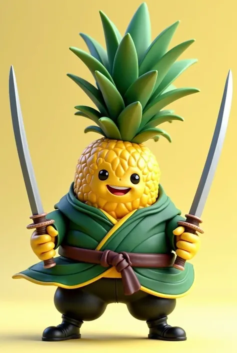 A pineapple wearing Zoro&#39;s clothes，All in one，Anime style 3d，Round，Chubby，cute，Chlorella head，Pineapple leaves，Knife in hand，Three-knife flow