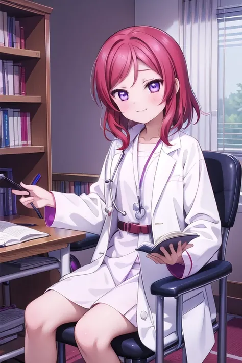 maki nishikino、embarrassed smile、bedroom、red hair、purple eyes、long white coat,wearing a white coat，doctor,examination room、put a...