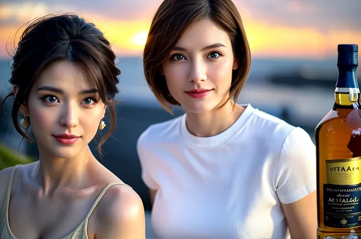 (Realistic, 超Realistic:1.4), 16k hdr, High resolution,Brown short hair,The best smile、Japanese actress,Super Beauty(Like the real thing),Short sleeve dress,Whiskey bottles、The Macallan、Johnnie Walker、、Old Parr、whiskey、Suntory、Nikka、Slim couple、Model Couple...