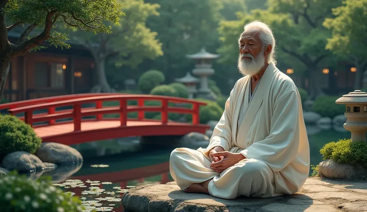 A Japanese sage in a white kimono meditates next to a red wooden bridge that crosses a small pond with water lilies. The garden is traditional, with stone lanterns and perfectly pruned trees, creating an atmosphere of stillness and balance.