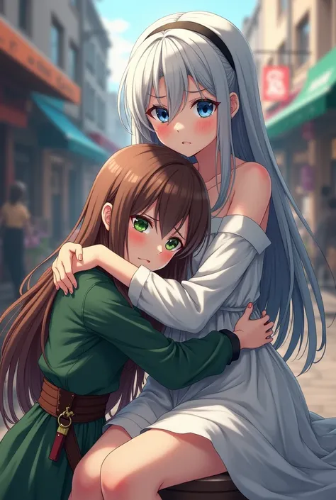 Anime girl with gray hair.Tall and blue eyes at age. 18 She wears elegant and beautiful clothes and sits in the market and hugs a girl of  with long brown hair and green eyes with sharp and sad features and red cheeks and she is crying and she has green co...