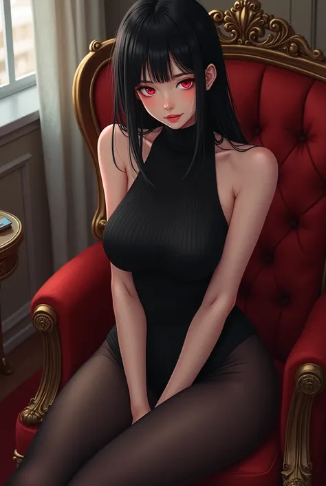 top quality masterpiece, 8k), Japanese woman sitting on a luxury chair, age 25, black hair red eyes, smiling with fangs, Colossal, Emphasizes the neckline, o glamour, A sexy, totally naked, wearing a sleeveless turtleneck sweater, tight knit dresses, Muchi...