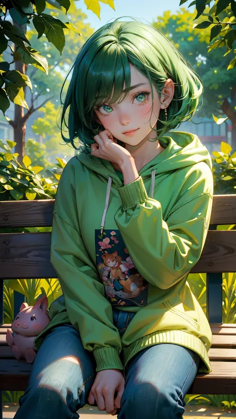 A 20-year-old anime-style woman with short, tousled green hair and sparkling eyes, wearing a casual green hoodie and jeans. Shes sitting on a park bench surrounded by lush greenery. The woman is leaning forward, one hand cupped around her mouth as if whisp...