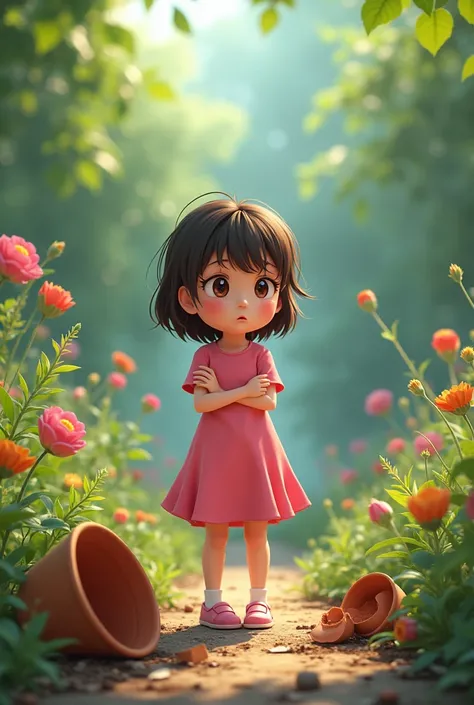 twelve year old short hair girl  wearing pink dress scared because she break the flower pot at garden