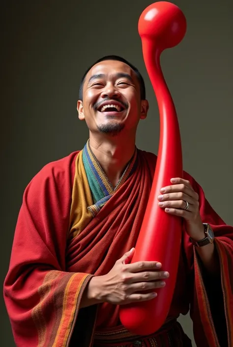 A beautiful Bhutanese man wearing gho and is holding a very big red phallus and is laughing 