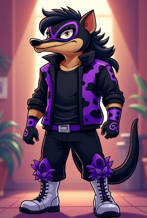 Cartoon mongoose dressed like WWE wrestler domicile mysterio

Long black mullet. Thin black mustache. 

Black T-shirt.  Black jacket with purple and black cowhide pattern. Black pants ordained with purple ruffles down each side. Black T-shirt draped over c...