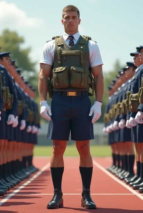 the perfectly super realistic muscular cadet gentleman wear his heavy military tactical backpack stand with other cadets for a uniform inspection at the school trackfield, wearing a perfect neat suit uniform, a perfect neat white shirt, perfect neat stripe...