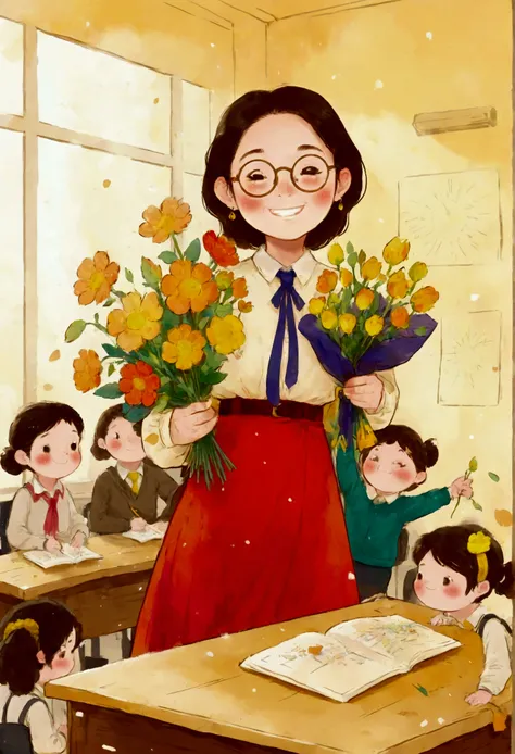 the classroom is filled with sunshine in the afternoon, a teacher wearing glasses happily holds flowers sent by students, warm t...