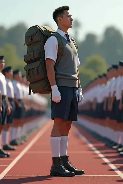 the perfectly super realistic muscular cadet gentleman wear his heavy military tactical backpack stand with other cadets for a uniform inspection at the school trackfield, wearing a perfect neat suit uniform, a perfect neat white shirt, perfect neat stripe...