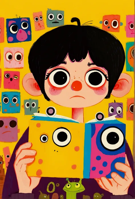 cartoon of a man with a big eye looking over a yellow box, film still from an cartoon, aardman character design, animated film still, animation film still, portrait of a cute monster, inspired by Tomi Ungerer, by Yi Inmun, animation character, big pink eye...