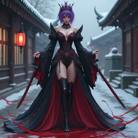 A women with big curvy body, thick thighs, short purple hair, wearing a beautiful black and red short queen costume, necklaces, head crown, sword in the hand, bloods in the floor, snow falls, winter(night time), ancient japanese house background 