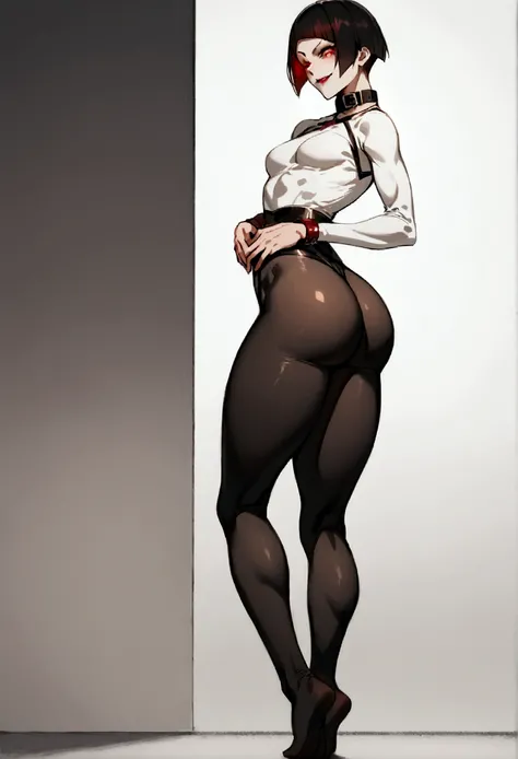 fully body,standing,alone,short hair,work of art,face detailed,young fitness linda,Wearing black pantyhose,tight white sweater with collar ,neckleace,evil smile,red eyes glowing,labiaa,eye shadow,bangs on the eyes,hands on waist,sexy ass,perfect annoomy
