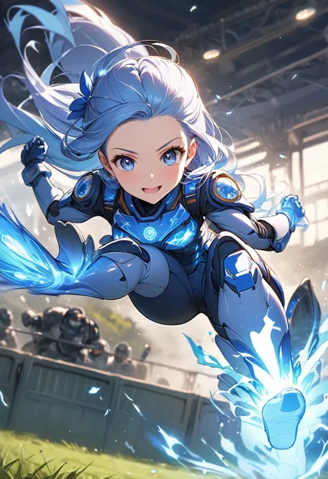 (Delicate and beautiful depiction style), (focus both legs), (kick fighting pose) (beautiful Both legs detailed ((with and many glowing Earth spirit Blessing)), (solo:2, 15 yo) (beautiful detailed forehead) (beautiful glossy blue hair long hair) (best kick...