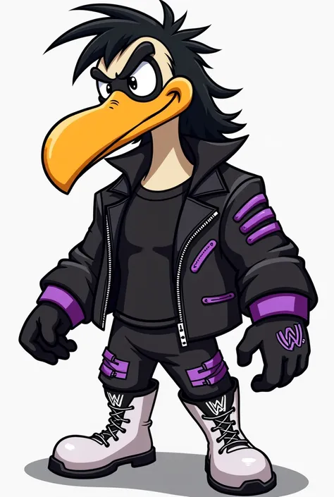 Cartoon dodo dressed like WWE wrestler JD McDonough 

Long black mullet. Big forehead . Black goatee.black mustache. 

Black T-shirt.  Black biker jacket with purple accents Black pants ordained with purple. white Boots. 