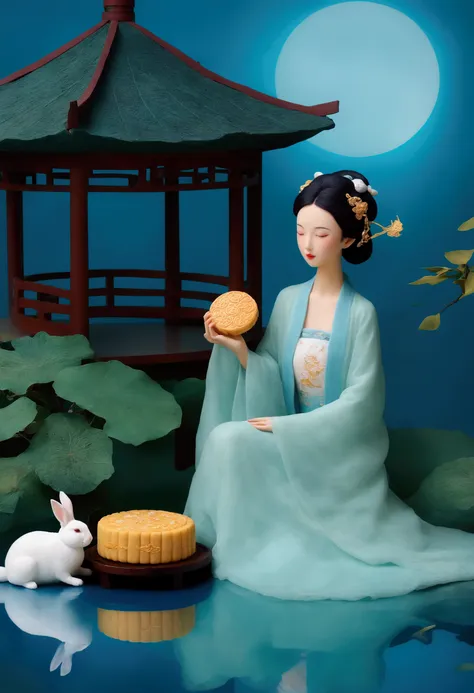 a beautiful woman and a white rabbit sit on a large mooncake, eating osmanthus tree mooncakes together. behind them is a large p...