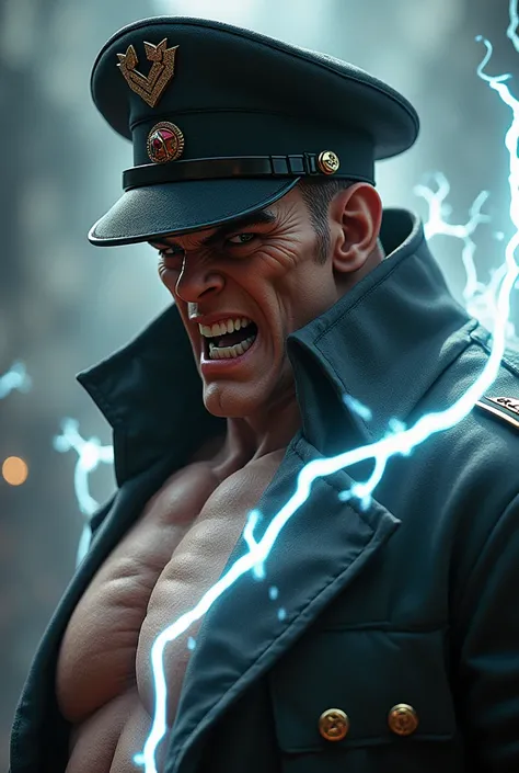 M.bison do street figther e olhar de Maligno Mostrando os dentes de raiva coM seu chapéu Militar e poderes  pulsantes saindo coMo raios brancos
