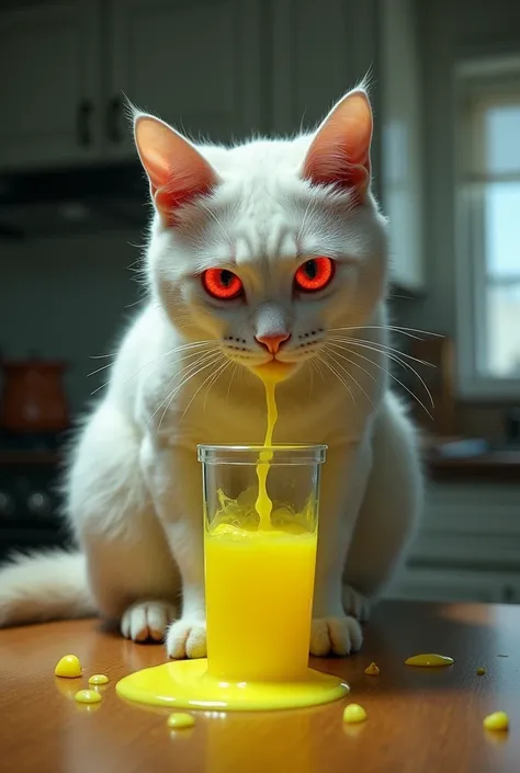 A white cat  on the table is drinking yellow juice. After drinking it, it looks like a zombie. It has big red eyes and big nails. It is drinking juice. Background kitchen