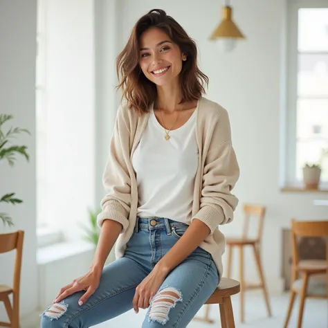 A young lady (in daily wear casuals),modelling for a shoot