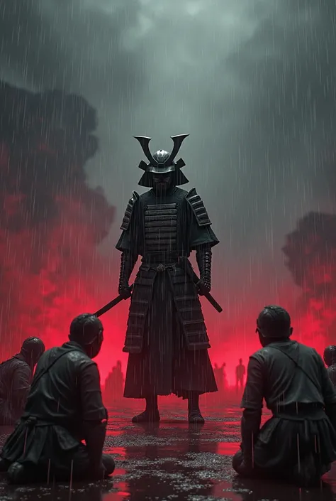 blood rain , samurai with a sword , with humans kneeling