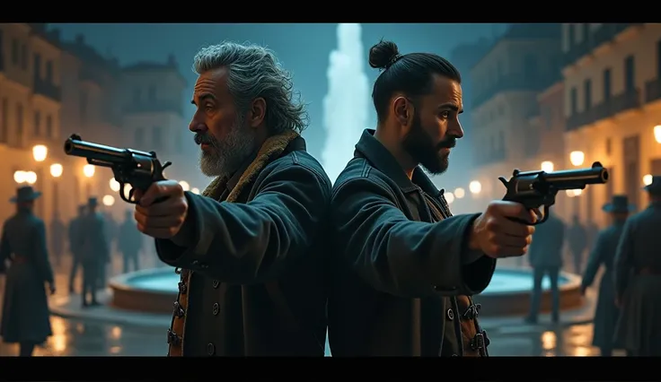 Create a night scene in a square with a fountain in the background. two characters, Bras Cubas and Quinca Borga, they are back to back, each holding a pistol. Brás Cubas has a big beard, combed and gray, and wears a stylish, dirty 19th century haircut and ...