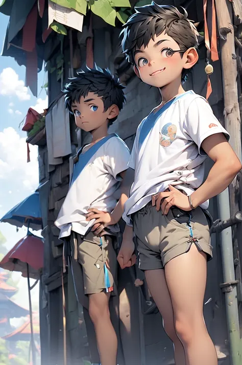 (Shota:1.5),(((Highest quality))),(((masterpiece))),(((Very detailed))),(((High resolution))),One person,Short sleeveＴshirt,Short shorts,White socks,Blue sneakers,Cheerful boy,Japanese,Very Short Hair,Black Hair,(Point pupils),Skinny body,Baby Face,smile