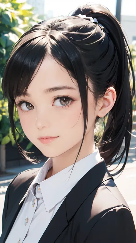 Highest quality、8k、masterpiece、Ultra-high resolution、Photorealistic、Realistic、Telephoto compression effect、1Girl、High school girls、no makeup、Delicate eyes、Kind eyes、Double eyelids、smile、side up、Black Hair、Small breasts、low angle,long ponytail,