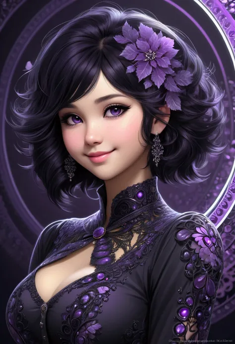 a girl, with a cute stylish hair, dark black hair with purple highlights, stylish modern black outfit, cute face, sexy, pretty, cute, sweet smiling,chubby cheeks, emo girl but ferry cute,  (masterpiece, highest quality, highest quality, official art, beaut...