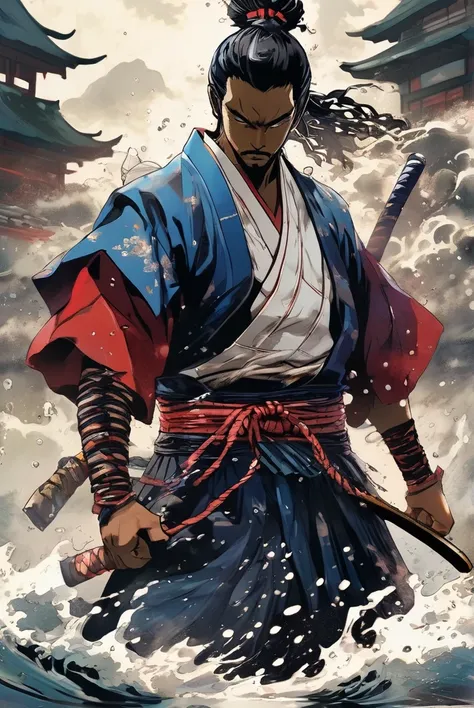 (best qualityer, Ultrathin, Samurai emerging from the water, black male, yasuke, black hair, penteado dread longopele muto escura forcefully water splashing from clothes, a hand holding a Samurai sword, fighting, Evasion, Dodge, realisitic, photo-realisiti...