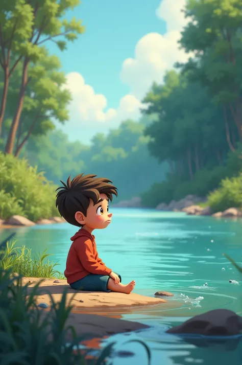 A boy fear with river  sit sideline  river Cartoon animation
