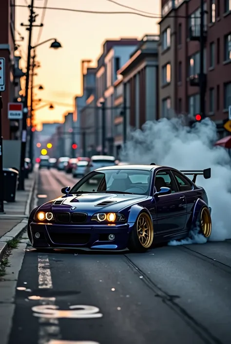 Bmw m3 with full modified and golden alloy wheels standing in street with smoks in evening 