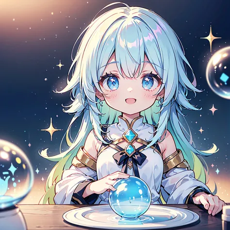 1girl,Perfect Anatomy、(((Highest quality、Masterpiece、Super detailed、Dynamic composition)))、Official Art、Anime Style、Fantasy、Absurd、Mysterious World、Milky white and blue gradient hair、Fluffy white circle hair accessory、Cute  with the best smile in soap bubb...