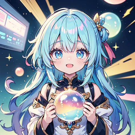 1girl,Perfect Anatomy、(((Highest quality、Masterpiece、Super detailed、Dynamic composition)))、Official Art、Anime Style、Fantasy、Absurd、Mysterious World、Milky white and blue gradient hair、Fluffy white circle hair accessory、Cute  with the best smile in soap bubb...