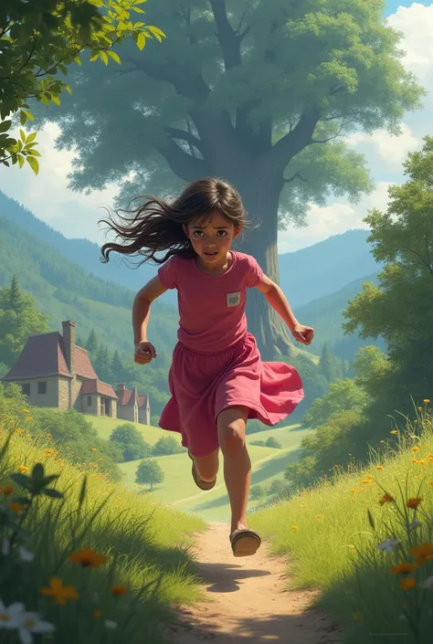 twelve year old girl wearing pink dress run from the village to the forest crying