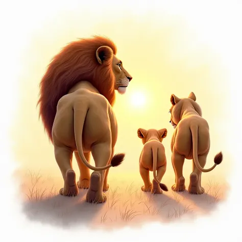 Here is an improved version of the description:

Three lions walk towards a warm sunset. The male lion, robust and majestic, She stands on the left with her hair gently waving., while the lioness, without hair but equally imposing, Its on the right. In the...