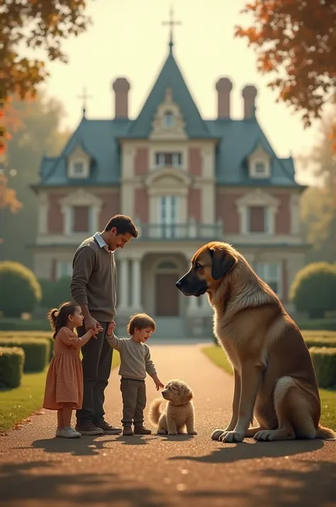 Generate a 16:9 image with a rich family playing with puppy on the left side of the image and on the right side the big dog is alone and sad.Add a big mansion behind the family.