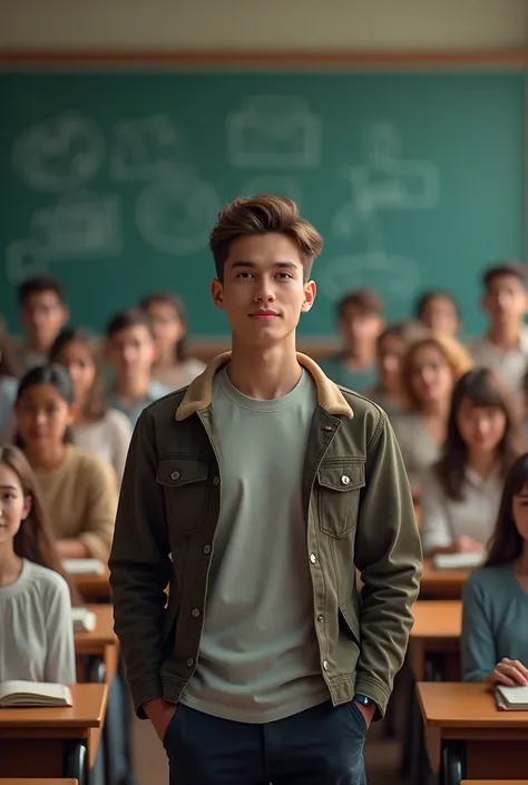 A young man of twenty-three years old and students behind him