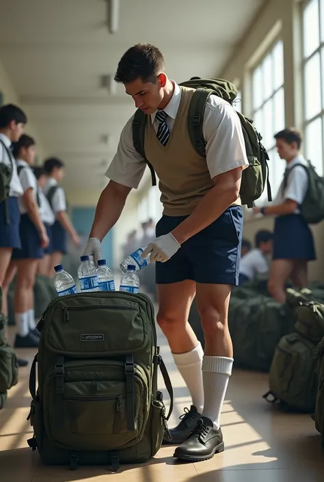 the perfectly super realistic muscular cadet gentleman wearing his perfect suit uniform filling their large military backpack with water bottles with other cadets at the school hall , wearing a perfect neat white shirt, perfect neat striped tie, school sho...