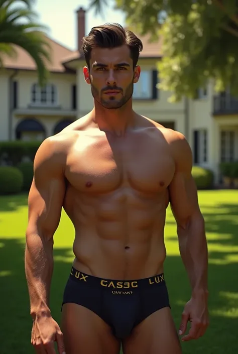 A man in  private park  background image of house 🏠 siting open shirt and were Lux classic company barding on trunk underwear  trunk underwear trunk underwear big  trunk underwear and Lux classic company barding on trunk underwear