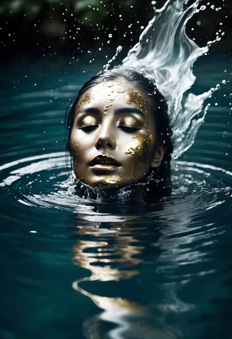 Photography of metallic ink falling into water, face of a spirit, mysterious, whimsical.