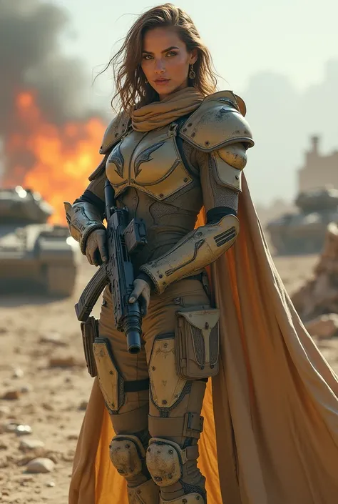 ((Beautiful woman in a military beige style Batman outfit)), highly detailed, layered intricately designed military armour, Afghan warfare background, carbon fibre and mixed fabric materials, holding machine gun, batgirl, Batman costume, explosions, debris...