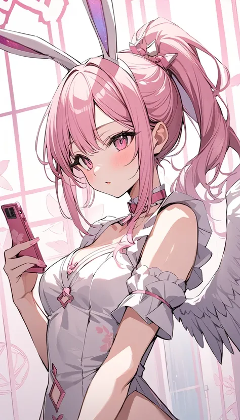 ,playing mobile phone々）vtuber, sexy innocent beauty, pink sakura shaped choker, (masterpiece, highest quality), sakura art, beautiful and aesthetic: 1.2), (1 girl), very detailed, (pink sakura art: 1.3), silver colorful, pink silver gradient ponytail hair、...