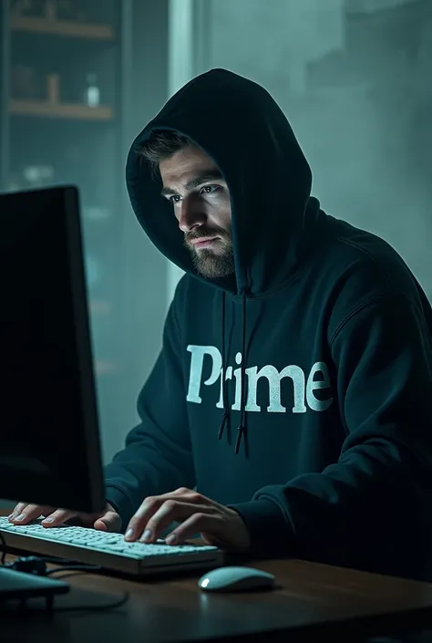 a man wearing a hoodie with the name prime is using a computer  mysterious