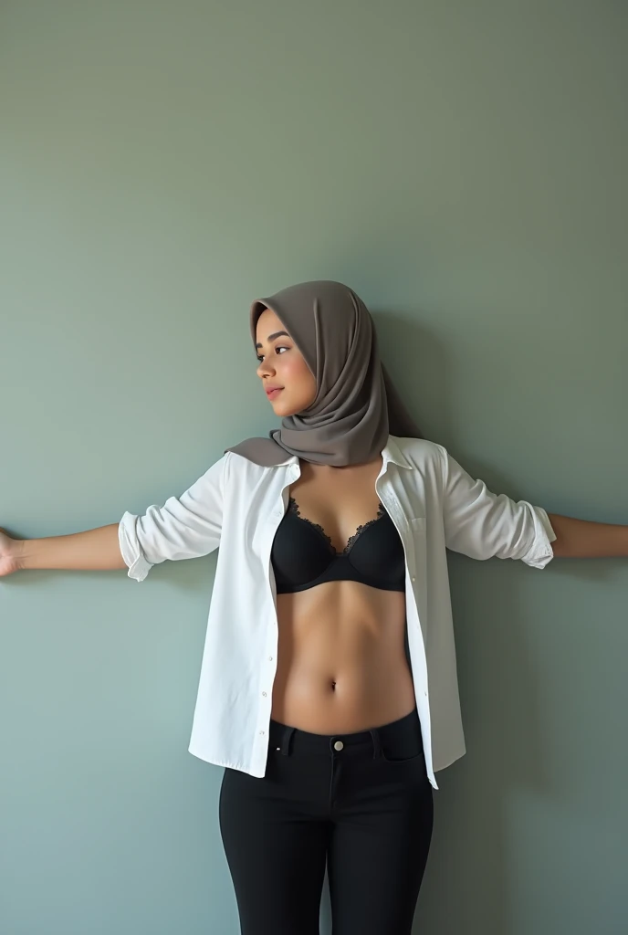 A hijab girl stand against a wall with her arm span to her side, wearing white office shirt, completely unbutton, low waist pant unbutton, soft stomach with dark bra