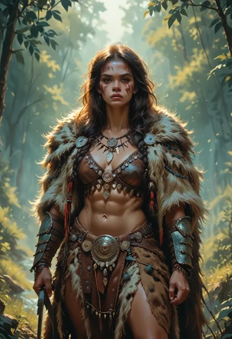 a barbarian tribal warrior girl, intricate armor, fur cloak