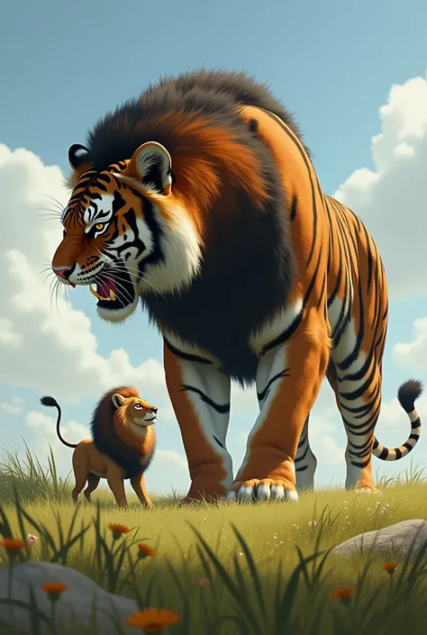 Small lion and tiger vs takkar image

Ek aadami soye ka hai aur uske upar khadi maidan mein ek bahut bada tiger chadh Gaya Hai bahut bada