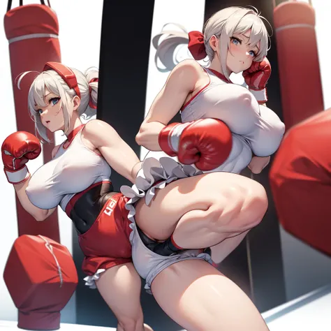 hyper breasts:3.5, huge areola:3.0、hand on own face2.0、Full Body Shot, Boxing gym, Love doll、Wearing athletic bloomers with a single red circle on a white background、Boxing gloves：2.0、NSFW、establishing shot、roleplay、Boxing stance