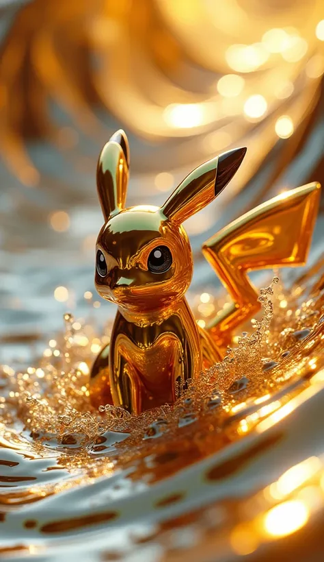 (liquid metal art: 1.5) LIQUID METAL a picture of Pokémon, swirling golden liquid swirls, swirling silver swirls, dynamic background, close range picture, ultra wide shot, photorealism, depth of field, hyper realistic,