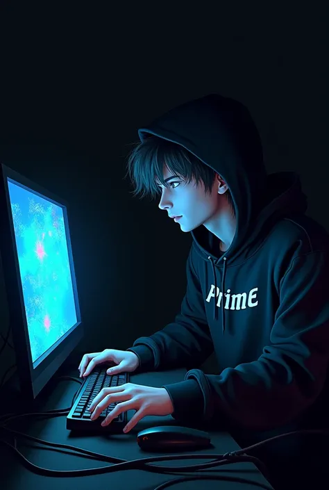 a man wearing a hoodie with the name prime is using a computer  mysterious using anime-like images with cables on the computer and a black background and a handsome face like a hacker 