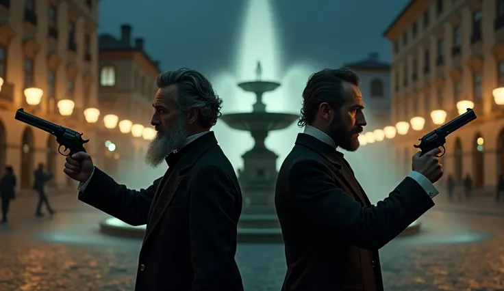 Create a night scene in an empty square with a fountain in the background. two characters, Bras Cubas and Quinca Borga, they are back to back, each holding a pistol. Brás Cubas has a big beard, combed and gray, and wears a stylish, dirty 19th century hairc...